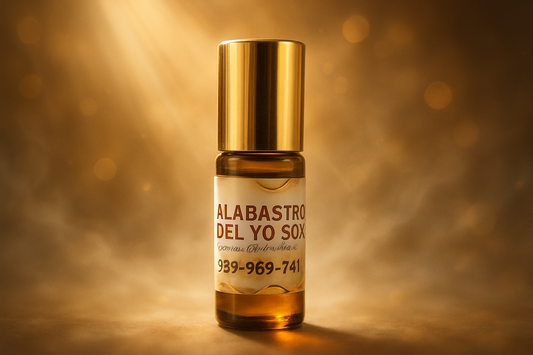 Amber bottle with gold cap and clean spiritual background