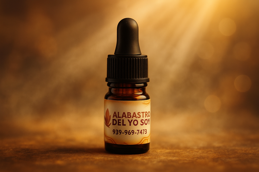Small bottle with black dropper and spiritual background