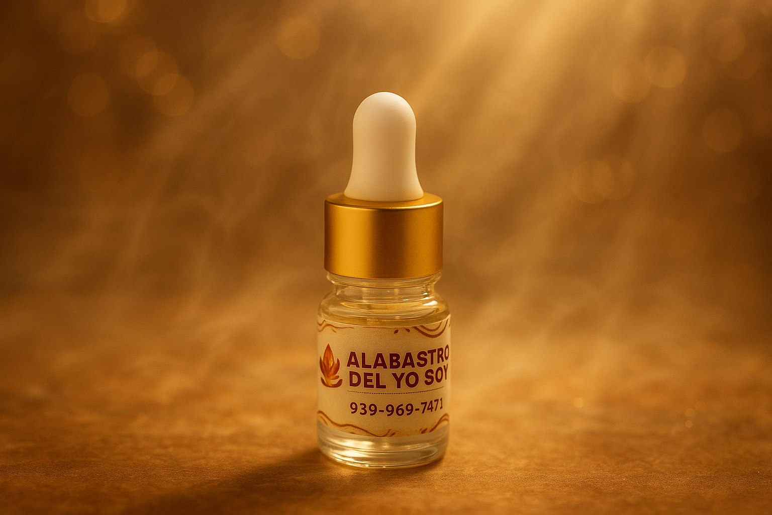 Small bottle with gold cap and spiritual background