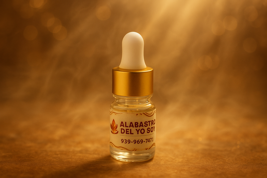 Small bottle with gold cap and spiritual background